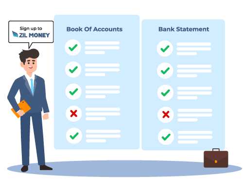 A Man in a Suit Standing Next to a Bank Statement and a Book of Accounts, Utilizing a One-Stop Financial Tool for Better Reconciling Bank Accounts.