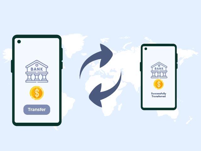 The World Map Displays On The Background Of Two Mobile Phones With A Bank Account, Emphasizing The Global Reach Of ACH Payment Mean.