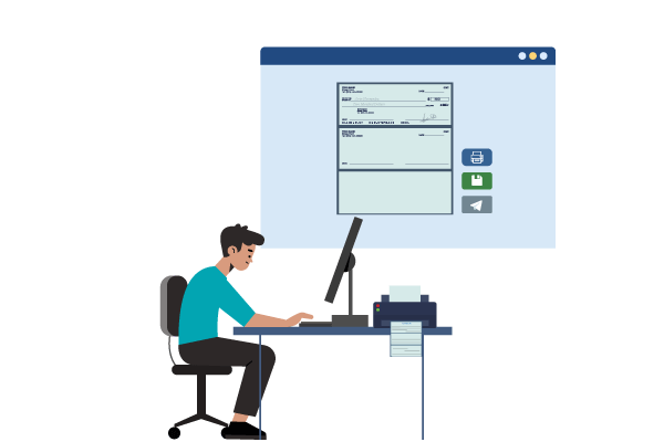 A Man Works at a Desk on a Computer. Background Free Check Printing Template
