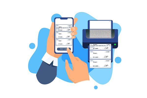 A Person Holding a Phone and a Printer, Exploring the Features of the Print Checks App.