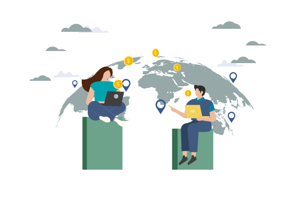 Two People Sitting on Top of a Globe with Coins on It, Discussing the Intricacies of International Wire Transfer.