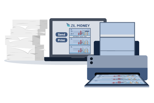 An Image of a Printer and a Laptop with the Words Blank Personal Check Paper