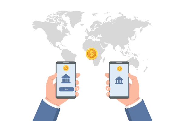 A World Map Appears in the Background, and a Man Holds a Smartphone, Sending Money Through Domestic Wire Transfer.