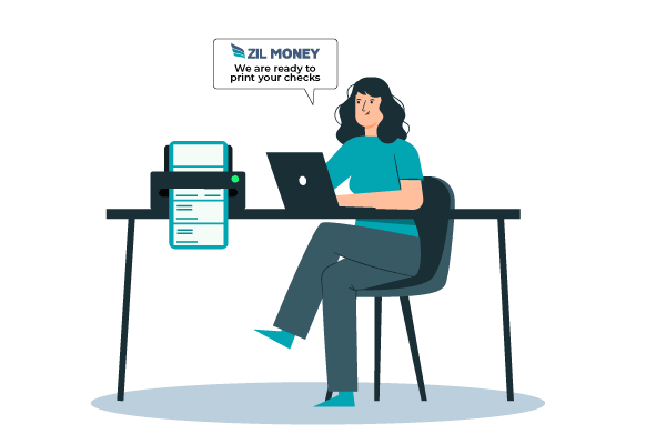 An Illustration of a Woman Sitting at a Desk with a Laptop While Using Checks Unlimited Business Checks