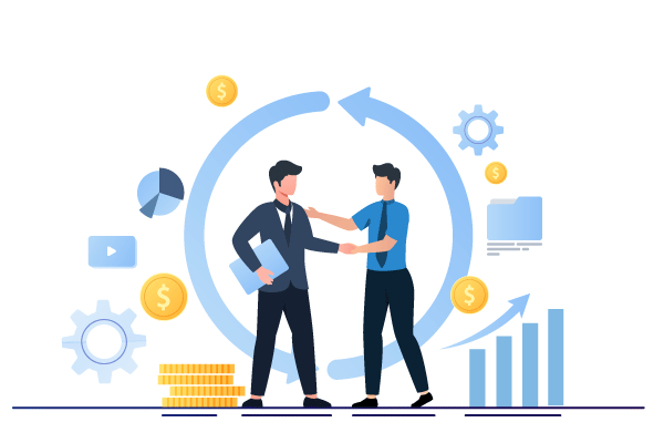 Two Businessmen Specializing in Software for Bookkeepers Shake Hands in Front of a Circle of Money.