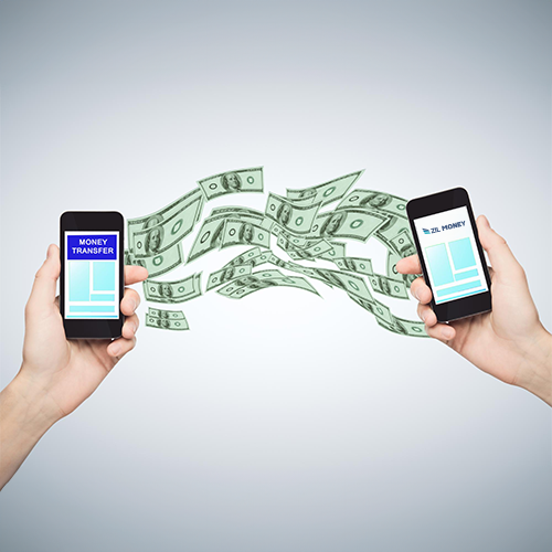 Two Hands Holding Smartphones. Sending Money Using the Direct Deposit Method.