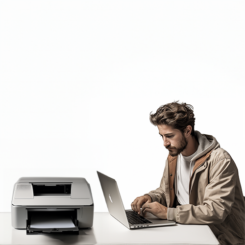 A Man Sitting at a Table with a Laptop, Printer, and Exploring Free Software for Printing Checks.