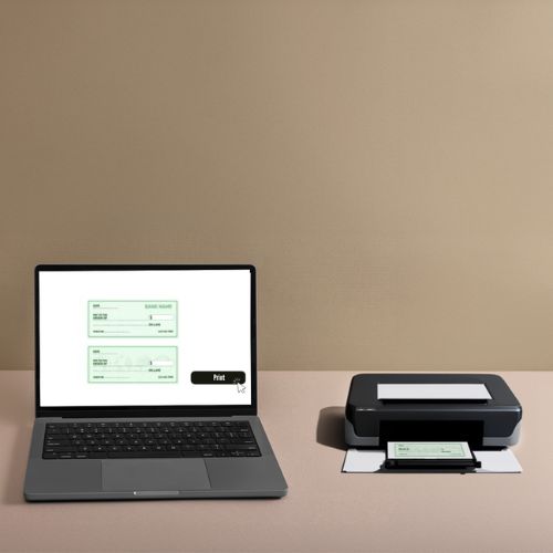 A Laptop and Printer Sit Next to Each Other. the Printer Prints a Check Using Write Checks Online