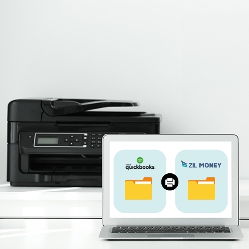A Laptop near a Printer. the Laptop Screen Shows the Integration of QuickBooks and Zil Money. It Is Highlighted to Avoid QuickBooks Check Order