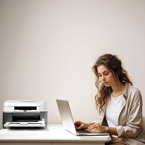 A Woman Using a Laptop and Printer, Symbolizing the Convenience of Cheap Checks Online Order