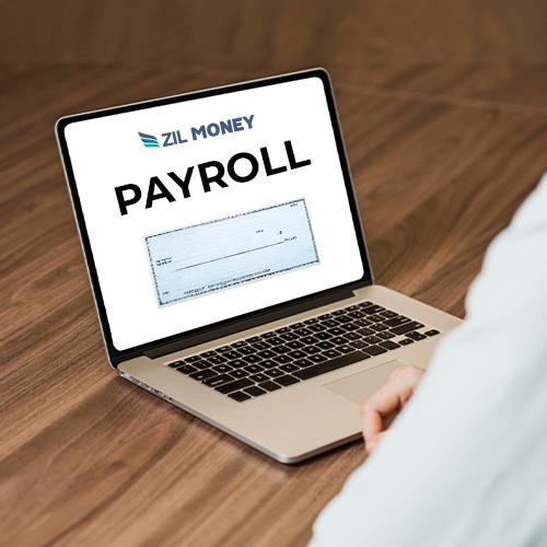 A Person Using a Laptop Displaying a Payroll Check Example on the Screen