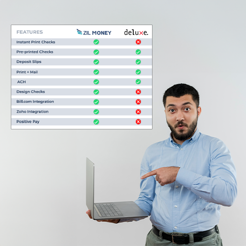 A Man Holding a Laptop and Pointing to the Screen, Searching for a Deluxe Checks Personal Alternative.