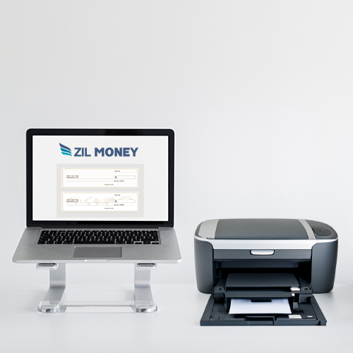 A Laptop, Printer, and Computer with the Bank Logo on It, Enabling Users to Print Checks Online for Free.
