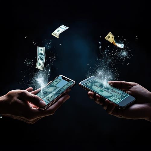 Hands Holding Phones with Digital Money Flowing Out, Indicating ACH Payments.