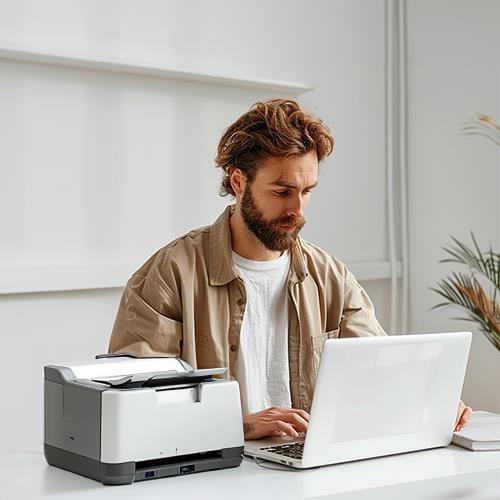 A Man Sitting at a Desk, Focusing Intently on a Laptop with a Printer Beside Him, Preparing to Print Payroll Checks.