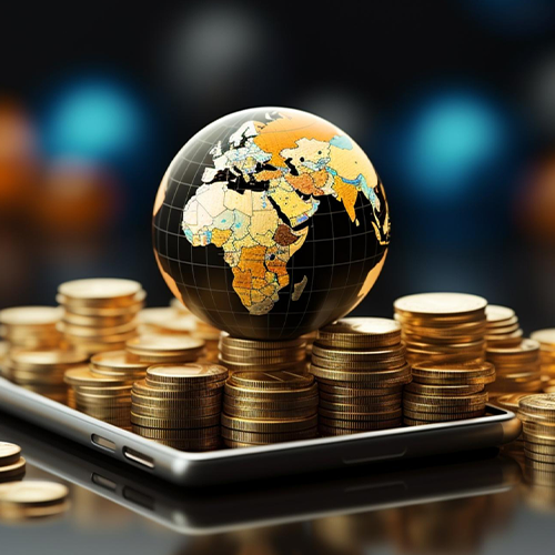 A Smartphone with a Globe Sitting on Top of a Stack of Gold Coins. Transferring Money Using the International Payments App