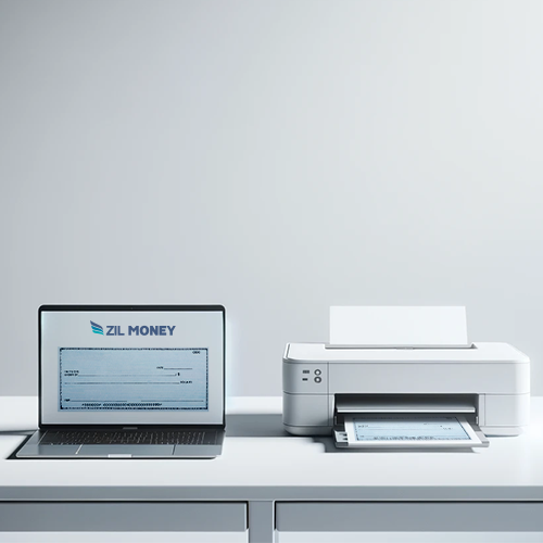 There Is a Laptop and a Printer on a White Desk. the Printer Is Printing Bank Checks Cheap