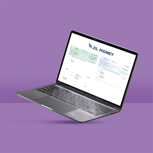 A Laptop on a Purple Background Displaying the Business Check Layout
