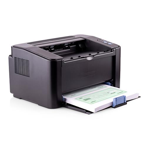 Black Laser Printer with Printed Checks on the Output Tray, Highlighting Check Writing Services to Print Checks Effortlessly.