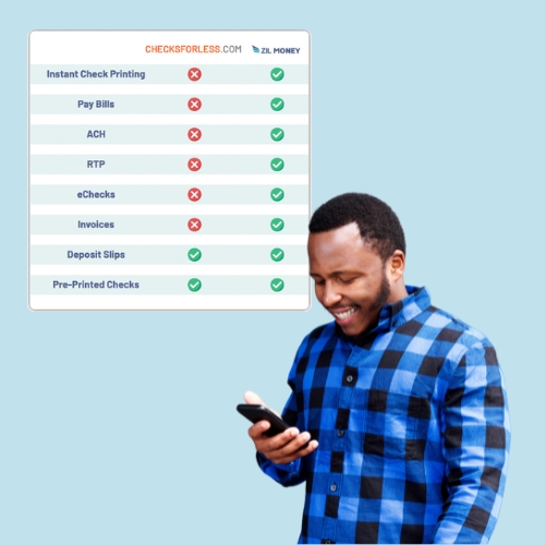 Smiling Man in Blue Shirt Using a Smartphone as a Checks for Less Personal Checks Alternative, Viewing Financial Services