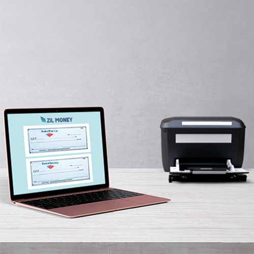 A Laptop and Printer Are Placed on a Table. The Printer Prints Bank of America Free Checks