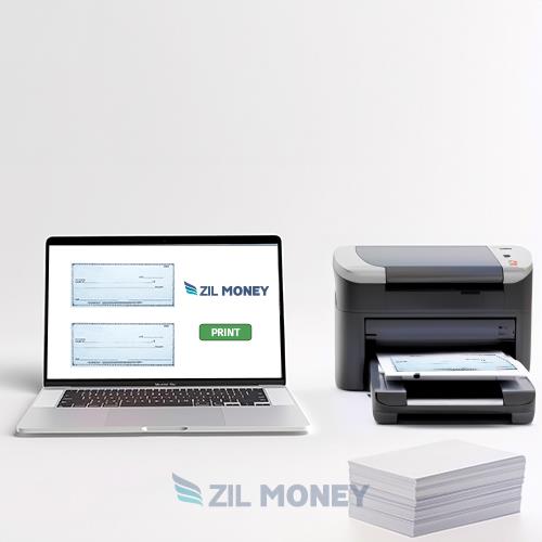 Laptop with Check Printing Software Interface on the Screen, Positioned Next to a Modern Printer, with Blank Check Paper Stock Used for Printing Checks Visible Beside the Setup