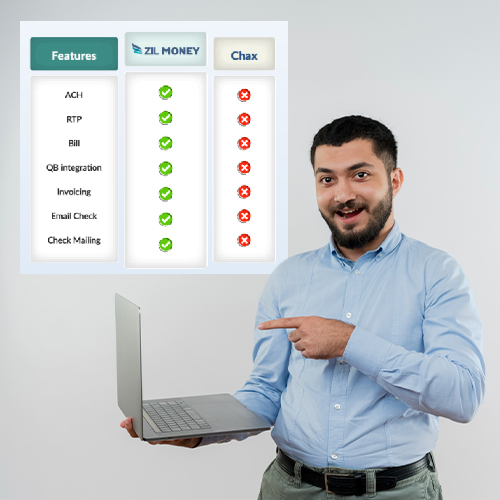 A Smiling Man Points to a Laptop He's Holding, a Screen Showing a Comparison Chart of Chax Alternatives Across Various Features