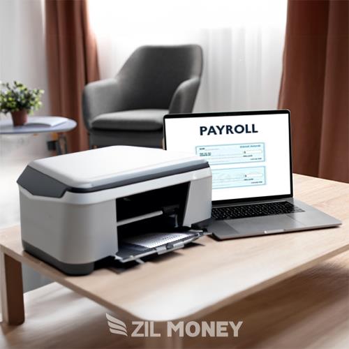 A Modern Office Setup with a Laptop Displaying a Payroll Check and a Printer Ready for Printing