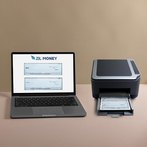 A Laptop Displaying a Check Printing Software Interface Next to a Printer with Printed Personal Checks