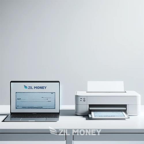 Printing a Check Online in a Modern, Minimalistic Workspace with a Laptop Displaying Check Next to a Printer on a White Desk