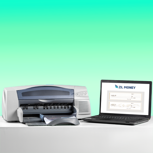 Customizing Checks Using Software to Make Checks. The Printer Beside the Laptop Prints on a Check