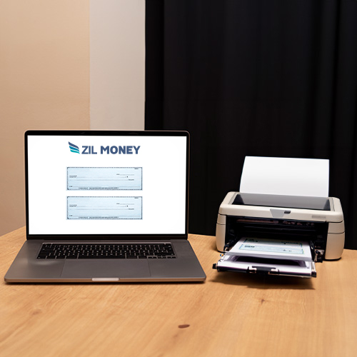 A Laptop Displaying a Check and a Printer on a White Table Beside a Window in a Bright Room, Ready to Check Writer Online Process