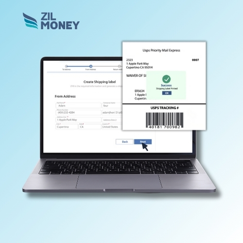 A Laptop Displays Creating a Shipping Label and Ready for Printing to Enhance Branding Experience 