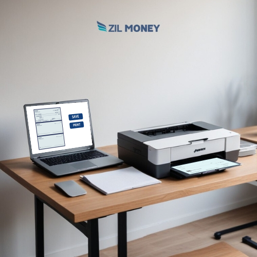A Laptop Is Sitting on a Table Next to a Printer, Showcasing Print Personal Checks Software