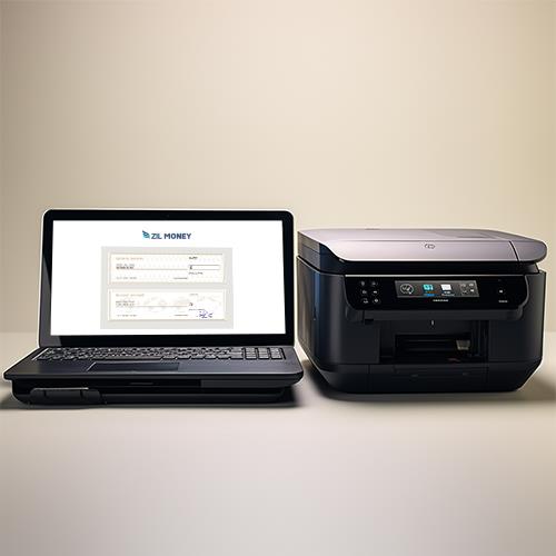 A Laptop and Printer Are Placed on the Table. The Best Online Check Printing Software Displayed On the Screen