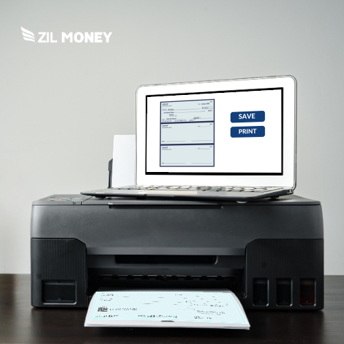 A Laptop and Printer on a Desk and Laptop Displays Bank Check Printing