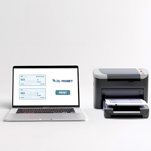 A Laptop Displaying a Check Writing Free Interface Next to a Printer Print Checks