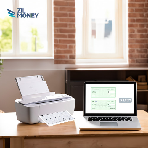 Laptop Showing a Check on Its Screen, Labeled as a Checks For Less Alternative, Beside a Printer Producing a Copy of That Checks