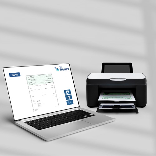 A Laptop Displaying a Free Software To Print Checks Interface Next to a Printer