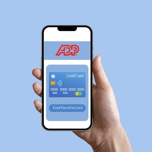 A Man Holds a Mobile Phone. He Is Managing His Cashflow at Payroll by Credit Card ADP