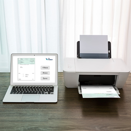 The Laptop Screen Displays the Best Free Check Printing Software with Options to Add a New Bill, Print, and save. The printer is actively printing a Document That Appears to Be a Bill or Invoice.