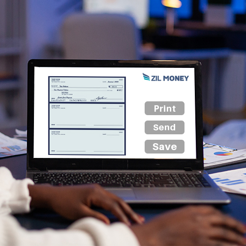 Person Sitting at a Desk in Front of a Laptop Displaying a Digital Check from Zil Money, the Check Maker Online, with Three Buttons to the Right Labeled "Print," "Send," and "Save."