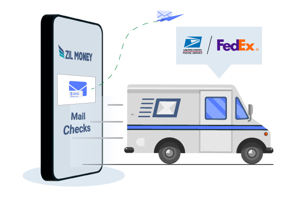 An Illustration Shows a Mail Customized Checks Transfer Represented by a Large Smartphone Displaying a Mail Truck for USPS and FedEx Shown