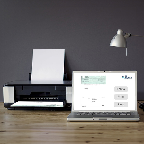 A Printer and Laptop Are on the Table. Print Instead of Order Cheap Checks
