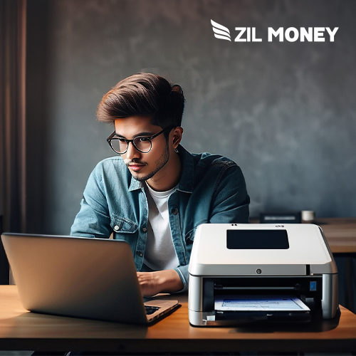 A Man Sitting Next to a Monitor And A Printer Printing Checks. Print Checks Online A Better Investment Than Business Check Order