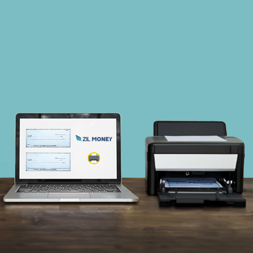 A Laptop Displaying Digital Check Images Next to a Printer with a Printed Checkbook Payments