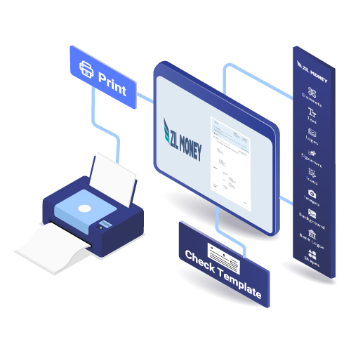 An Illustration Showing a Digital Workflow for Create And Print Checks Using Zil Money. A Computer Screen Displays the Zil Money Interface, Connected to a Check-Printing Printer