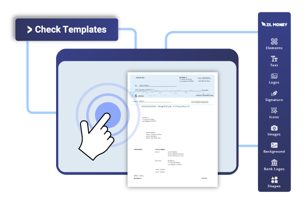 A Screen Displays the Zil Money Interface. Customize Your Checks Using the Platform Buy Blank Check Stock and Create And Print Checks Instantly