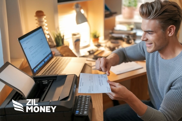 A Man Printing Checks From Home Using A Regular Printer