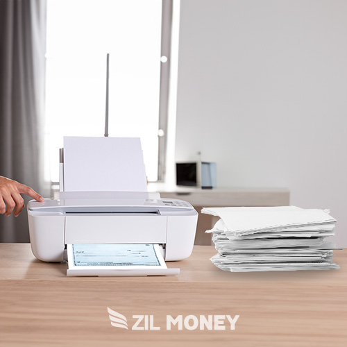 A Person Is Using a White Printer with a Stack of Printed Papers Actively Printing Check Online.